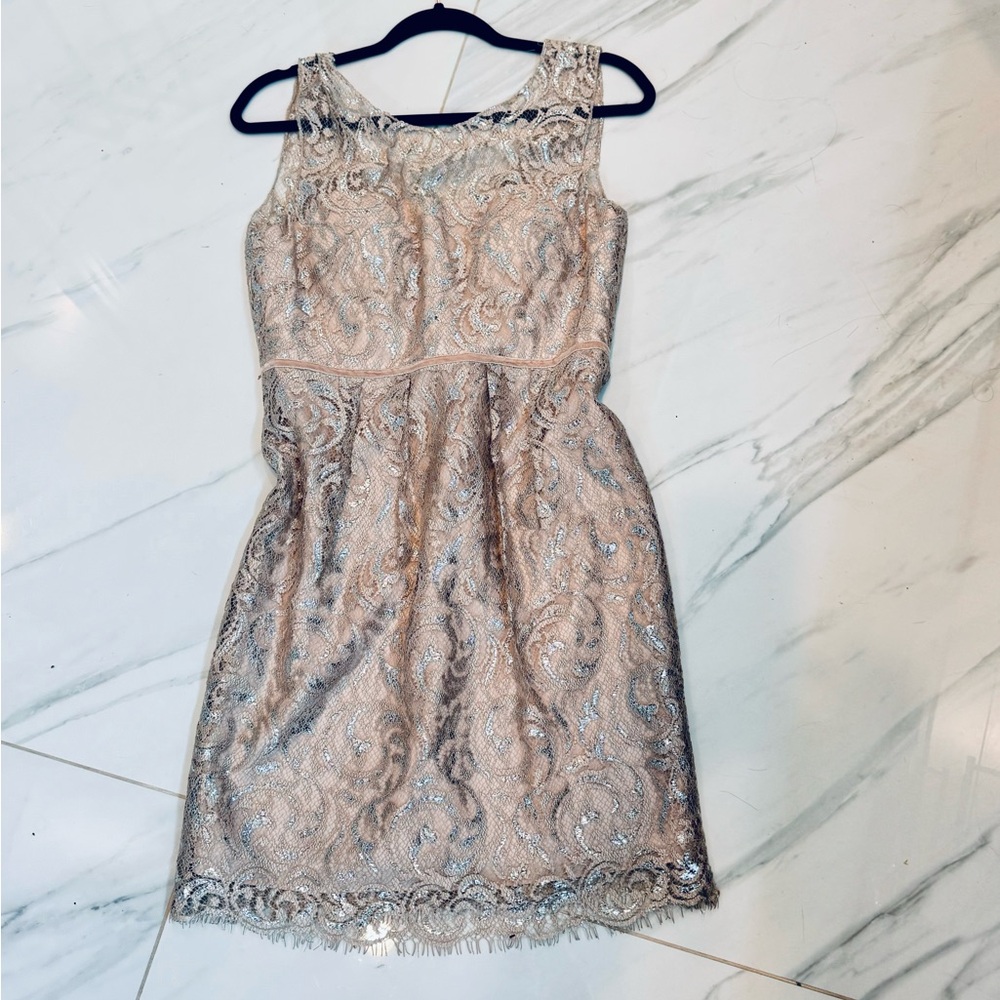 Elegant Lace Dress in Cream and Silver, Size 6